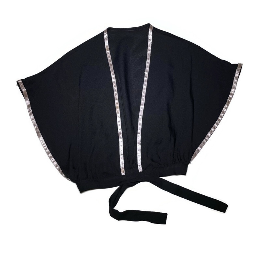 vintage bolero black + silver with tie / short sleeve waist tie shrug‎ cape sz S